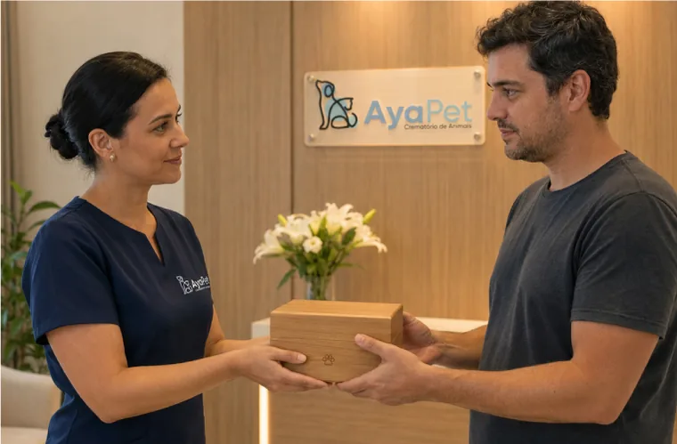 Entrega cuidadosa da urna com as cinzas ao tutor