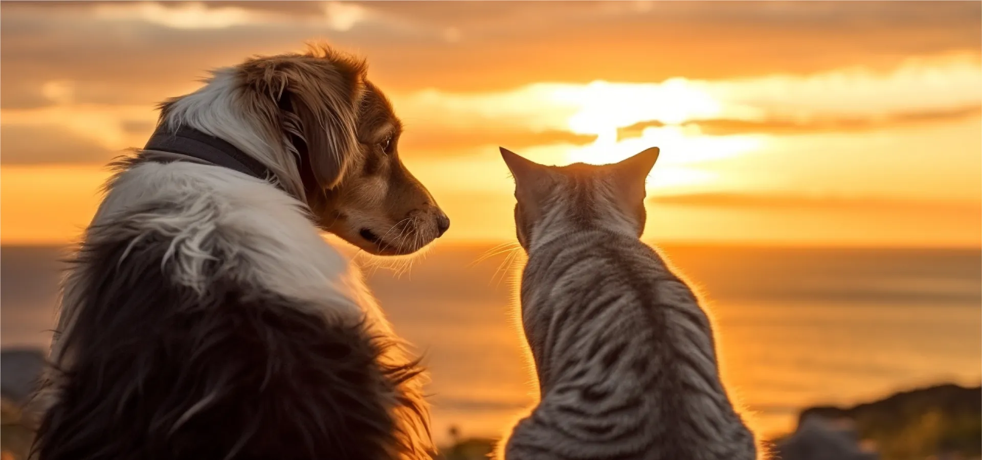 Cão e gato lado a lado contemplando o entardecer